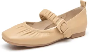 BEAU TODAY Mary Jane Shoes Women, Ballet Flats Shoes for Women, Buckle Strap Genuine Leather Flats, Comfortable Square Toe Dressy Mary Jane Flats Trendy