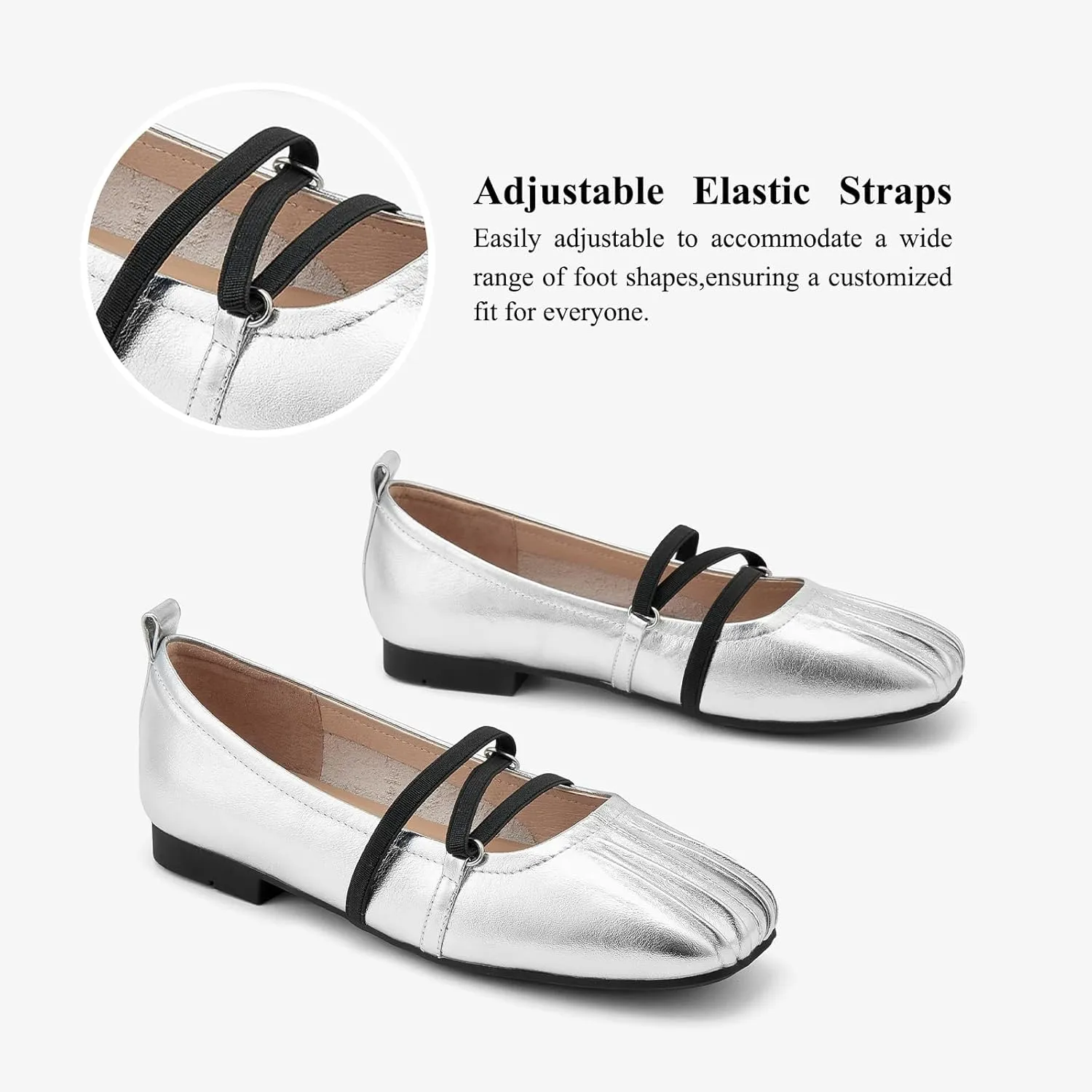 BEAU TODAY Mary Jane Shoes Women, Leather Flats Shoes for Women, Genuine Ballet Flats for Women with Adjustable Strap, Comfortable Square Toe Mary Jane Flats Dreesy