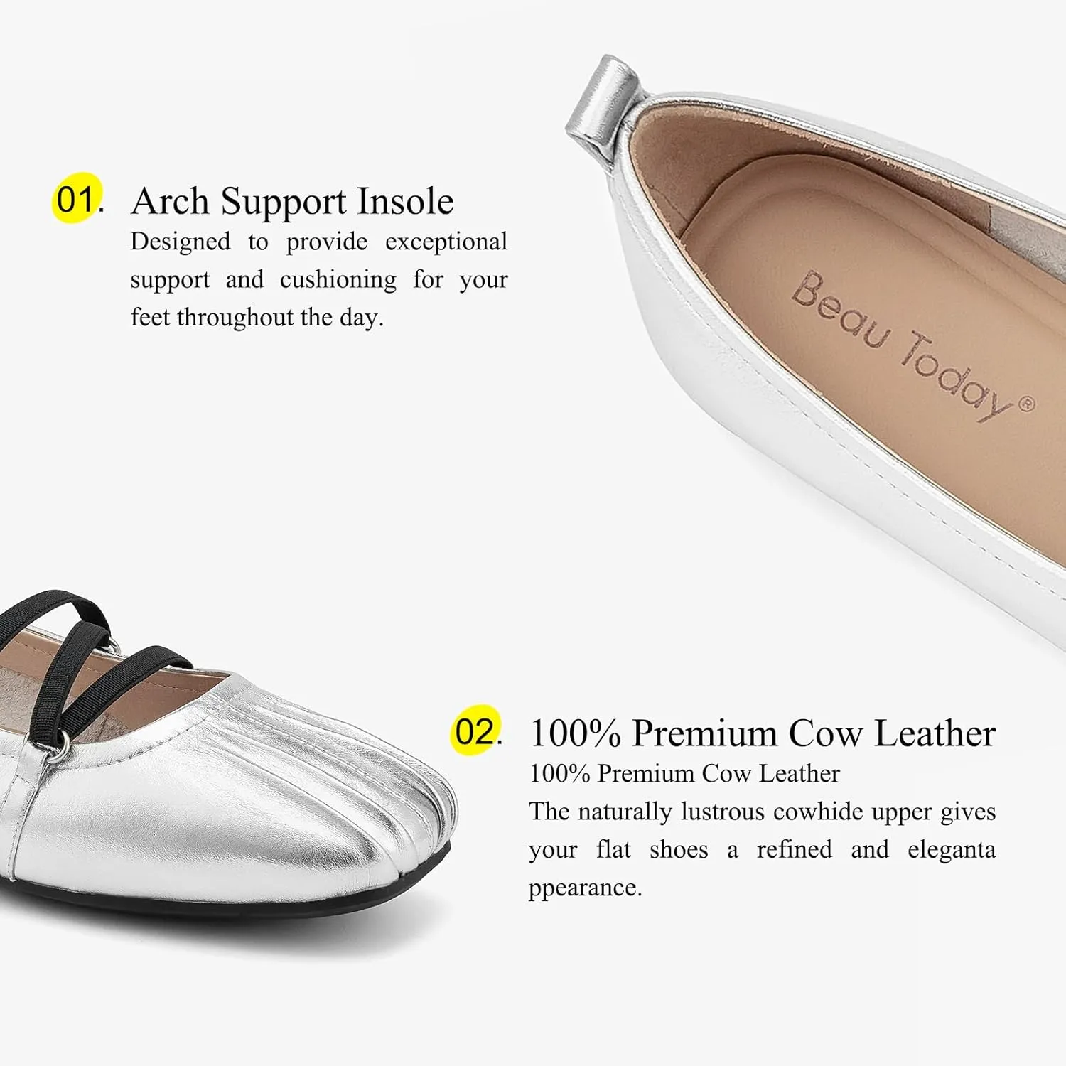 BEAU TODAY Mary Jane Shoes Women, Leather Flats Shoes for Women, Genuine Ballet Flats for Women with Adjustable Strap, Comfortable Square Toe Mary Jane Flats Dreesy