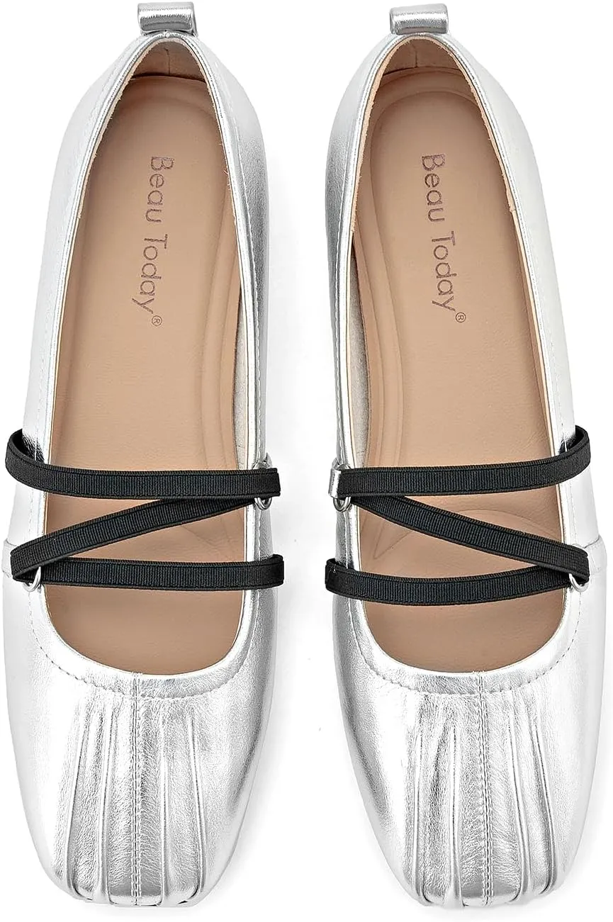 BEAU TODAY Mary Jane Shoes Women, Leather Flats Shoes for Women, Genuine Ballet Flats for Women with Adjustable Strap, Comfortable Square Toe Mary Jane Flats Dreesy
