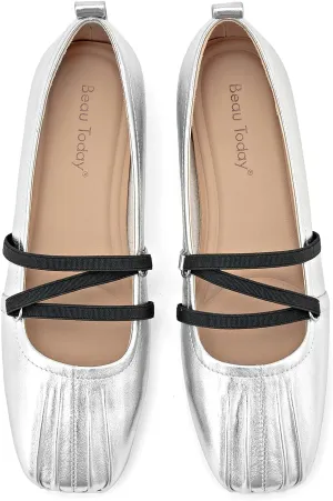 BEAU TODAY Mary Jane Shoes Women, Leather Flats Shoes for Women, Genuine Ballet Flats for Women with Adjustable Strap, Comfortable Square Toe Mary Jane Flats Dreesy