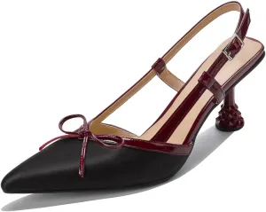 Beauty Cry Slingback Kitten Pumps for Women Bow Pointed Toe Low Heel Work Dress Heeled Sandals