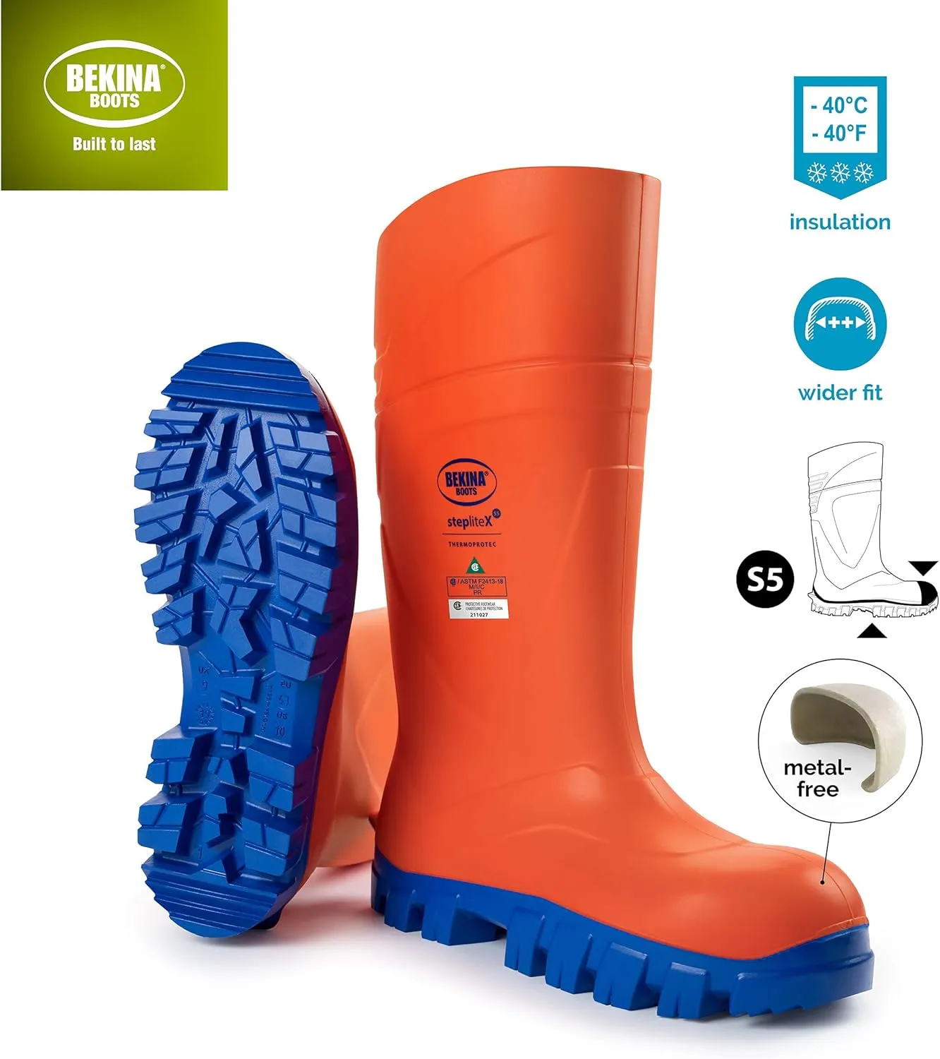 Bekina StepliteX ThermoProtec S5 Insulated Wellington Boots for Men and Women - Lightweight Waterproof Non Slip Composite Toe Work Boots for Men and Women; ASTM Rated