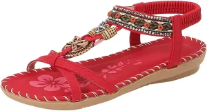 Boho Rhinestones Sandals for Women 2025 Sparkly Cute Dressy Flat Sandal with Elastic Floral Strap Shoes Ladies Low Heel Comfortable Cushion Footed Walking Shoe for Wedding Bridal Evening Cocktail