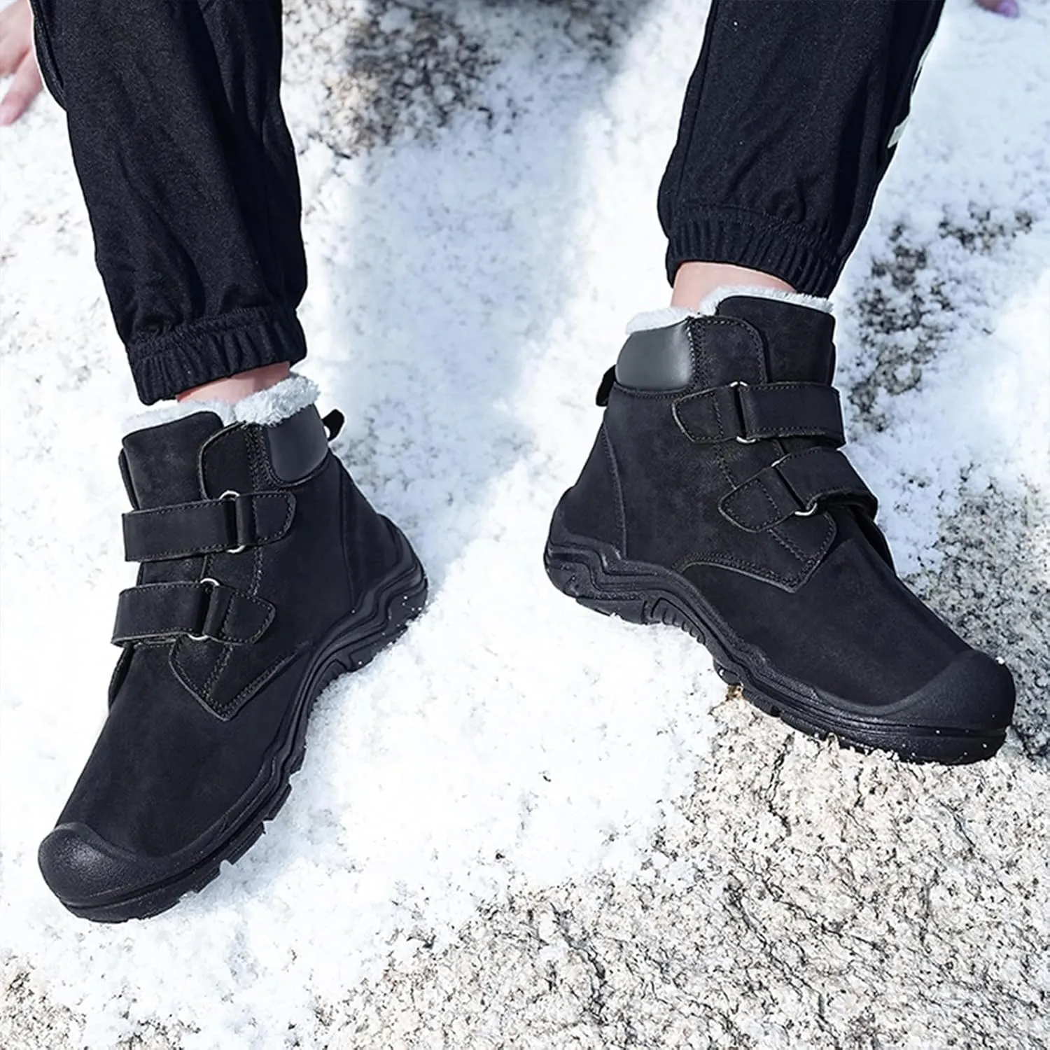 Boys Girls Winter Warm Outdoor Hiking Boots Comfortable Fur Lined Anti-Collision Water-Resistant Non-Slip Walking Snow Boots with Hook and Loop