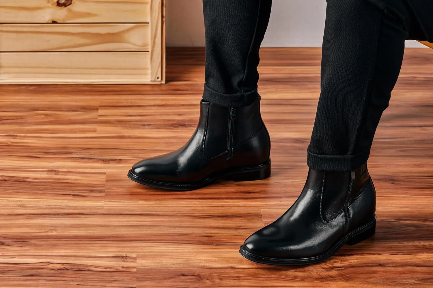 CALTO Men's Invisible Height Increasing Elevator Shoes - Black Premium Leather Lightweight Zipper Boots - 2.8 Inches Taller - Y70621 - Size 9 D(M) US
