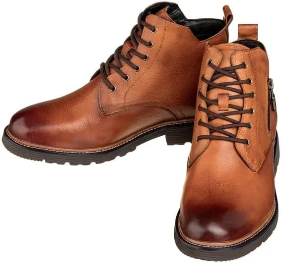 CALTO Men's Invisible Height Increasing Elevator Shoes - Brown Premium Leather Lace-up Cap-Toe Dress Casual Boots - 2.8 Inches Taller - Y42072 - Size 10 D(M) US