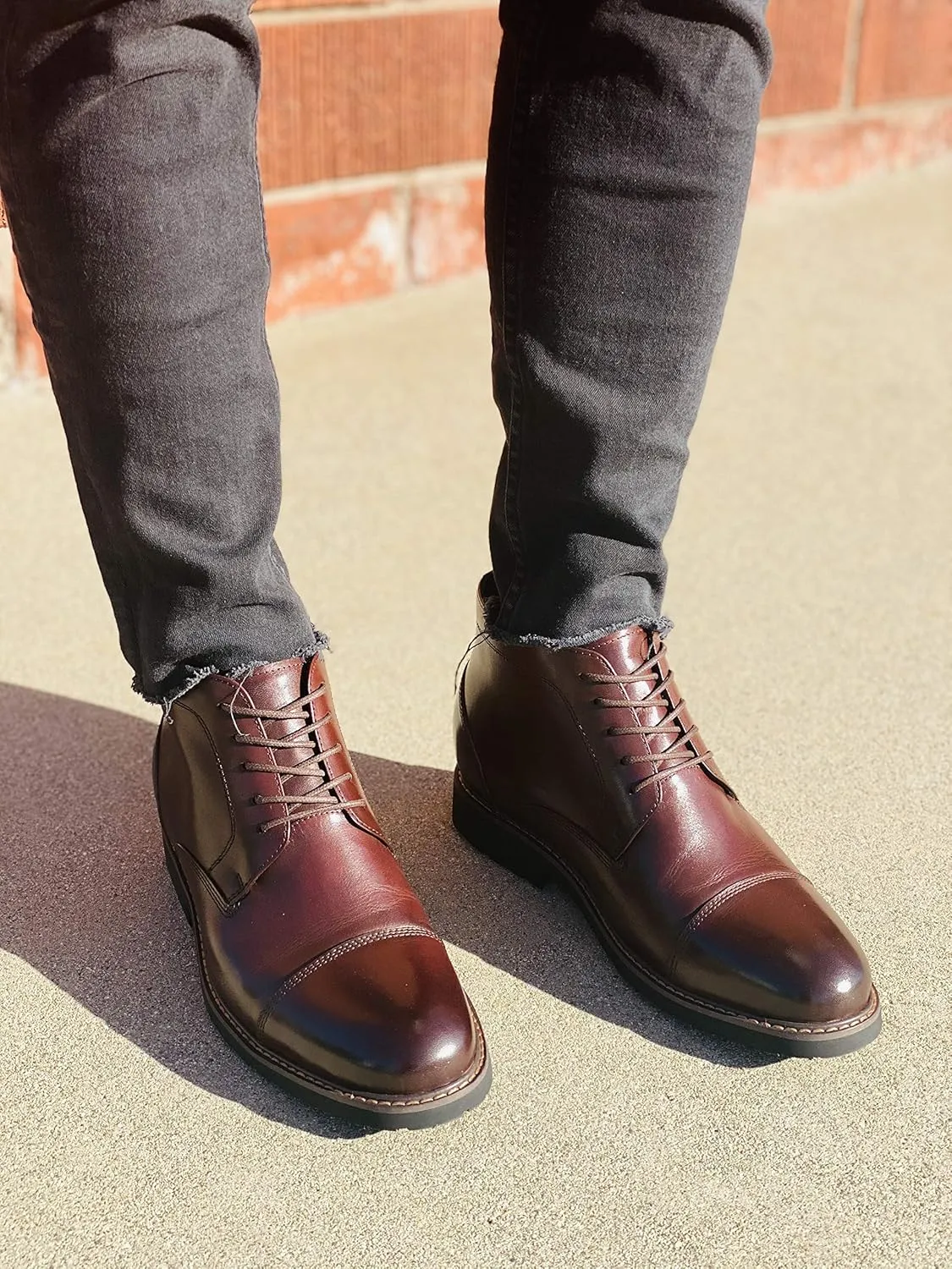 CALTO Men's Invisible Height Increasing Elevator Shoes - Dark Brown Leather Lace-up Cap-toe Boots with Inner Faux Fur - 3.2 Inches Taller - Y41081 - Size 8 D(M) US