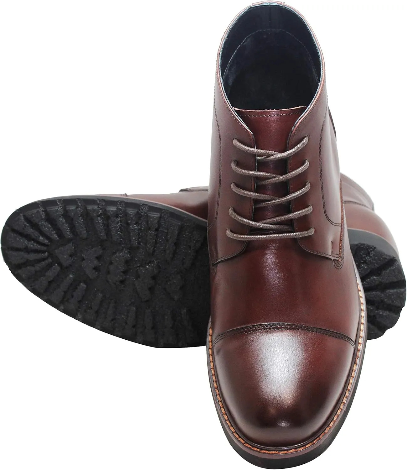 CALTO Men's Invisible Height Increasing Elevator Shoes - Dark Brown Leather Lace-up Cap-toe Boots with Inner Faux Fur - 3.2 Inches Taller - Y41081 - Size 8 D(M) US