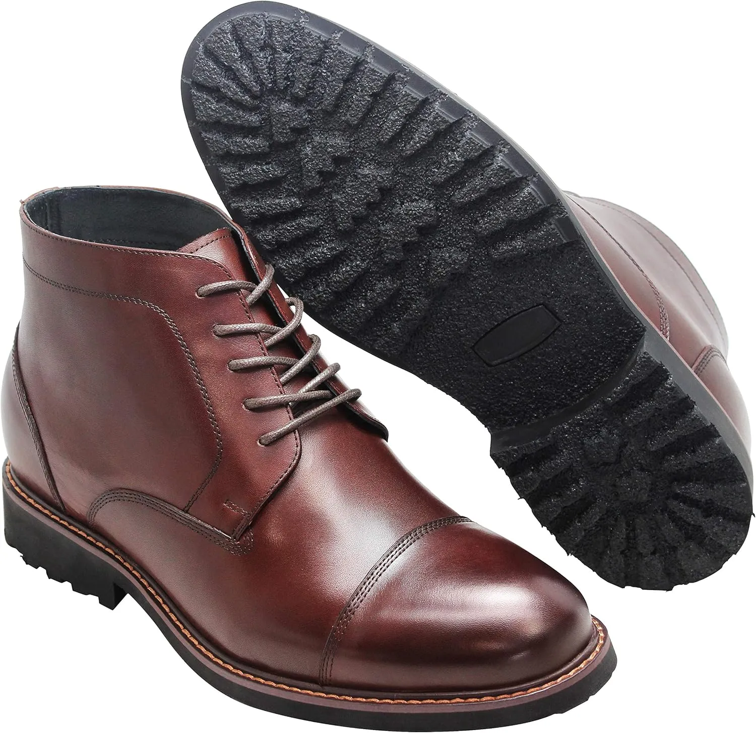 CALTO Men's Invisible Height Increasing Elevator Shoes - Dark Brown Leather Lace-up Cap-toe Boots with Inner Faux Fur - 3.2 Inches Taller - Y41081 - Size 8 D(M) US