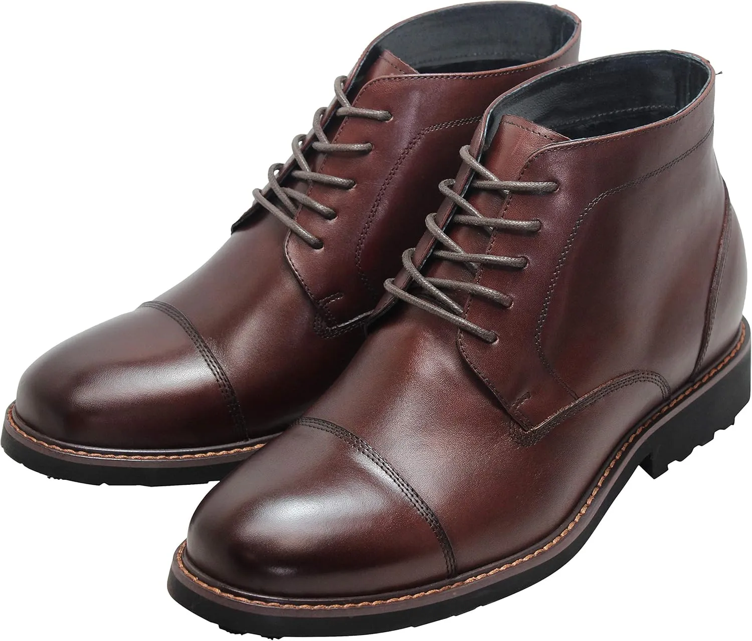 CALTO Men's Invisible Height Increasing Elevator Shoes - Dark Brown Leather Lace-up Cap-toe Boots with Inner Faux Fur - 3.2 Inches Taller - Y41081 - Size 8 D(M) US