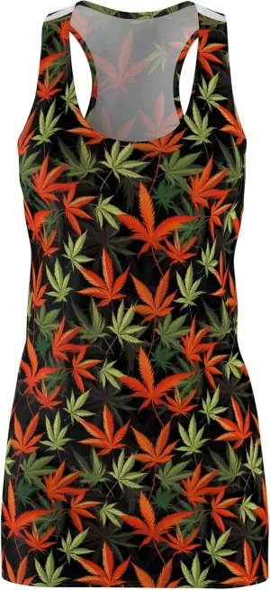 Cannabis Leaf Print Racerback Dress, Boho Style Dress, Summer Party Attire, Festival Wear, Eco-Friendly Fashion