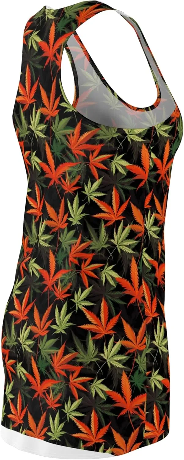 Cannabis Leaf Print Racerback Dress, Boho Style Dress, Summer Party Attire, Festival Wear, Eco-Friendly Fashion