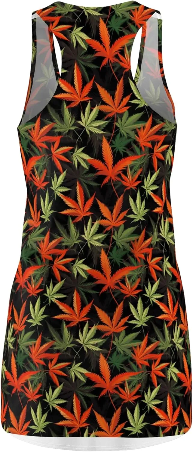Cannabis Leaf Print Racerback Dress, Boho Style Dress, Summer Party Attire, Festival Wear, Eco-Friendly Fashion