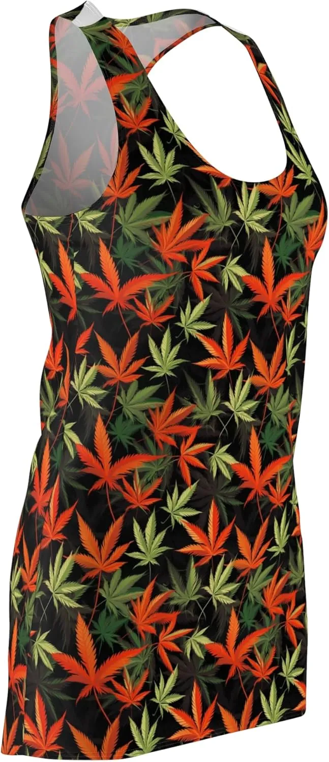 Cannabis Leaf Print Racerback Dress, Boho Style Dress, Summer Party Attire, Festival Wear, Eco-Friendly Fashion