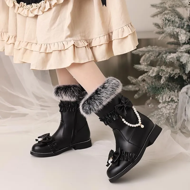 Caradise Women's Lolita Winter Boots Cute Bow Low Chunky Heel Mid Calf Warm Fur Lined Snow Short Boots with Zipper