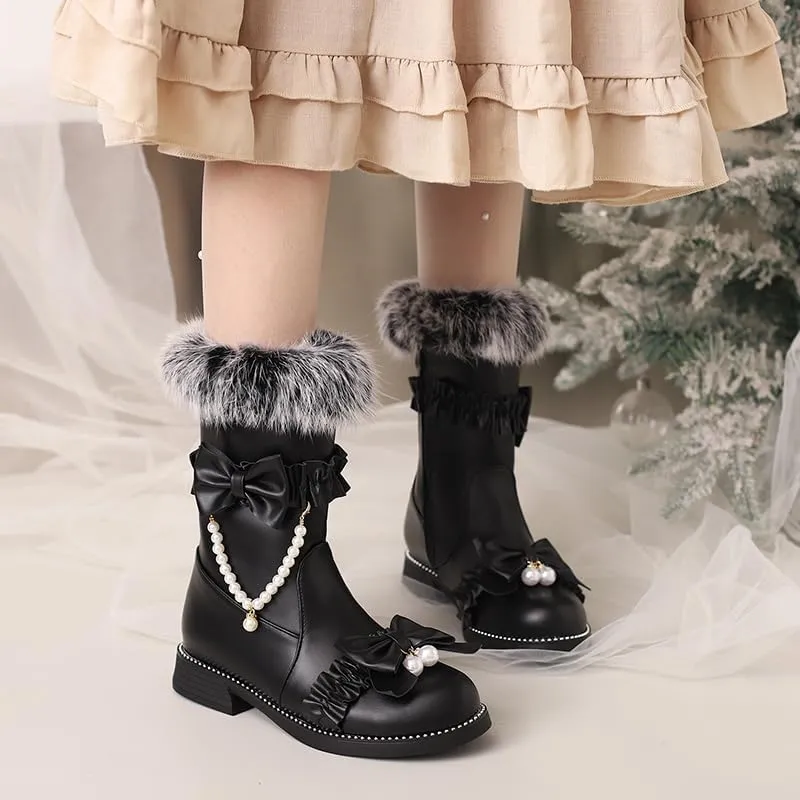 Caradise Women's Lolita Winter Boots Cute Bow Low Chunky Heel Mid Calf Warm Fur Lined Snow Short Boots with Zipper
