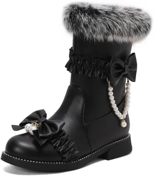 Caradise Women's Lolita Winter Boots Cute Bow Low Chunky Heel Mid Calf Warm Fur Lined Snow Short Boots with Zipper
