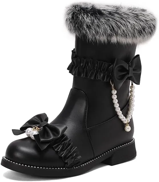 Caradise Women's Lolita Winter Boots Cute Bow Low Chunky Heel Mid Calf Warm Fur Lined Snow Short Boots with Zipper