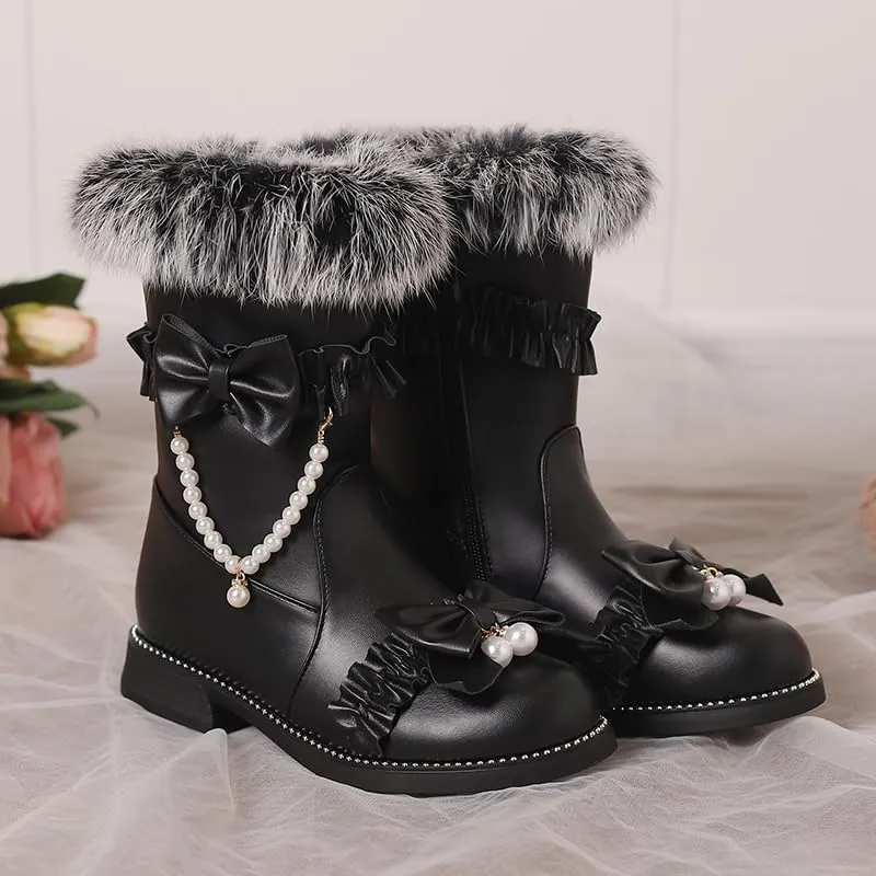 Caradise Women's Lolita Winter Boots Cute Bow Low Chunky Heel Mid Calf Warm Fur Lined Snow Short Boots with Zipper