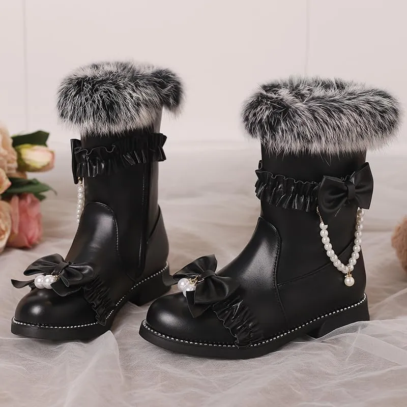 Caradise Women's Lolita Winter Boots Cute Bow Low Chunky Heel Mid Calf Warm Fur Lined Snow Short Boots with Zipper