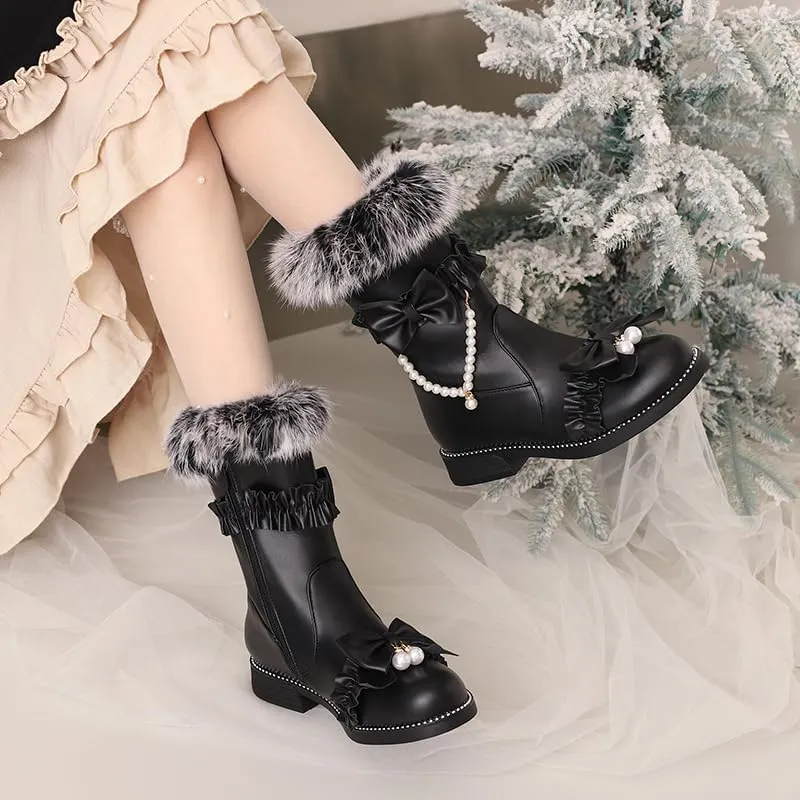 Caradise Women's Lolita Winter Boots Cute Bow Low Chunky Heel Mid Calf Warm Fur Lined Snow Short Boots with Zipper