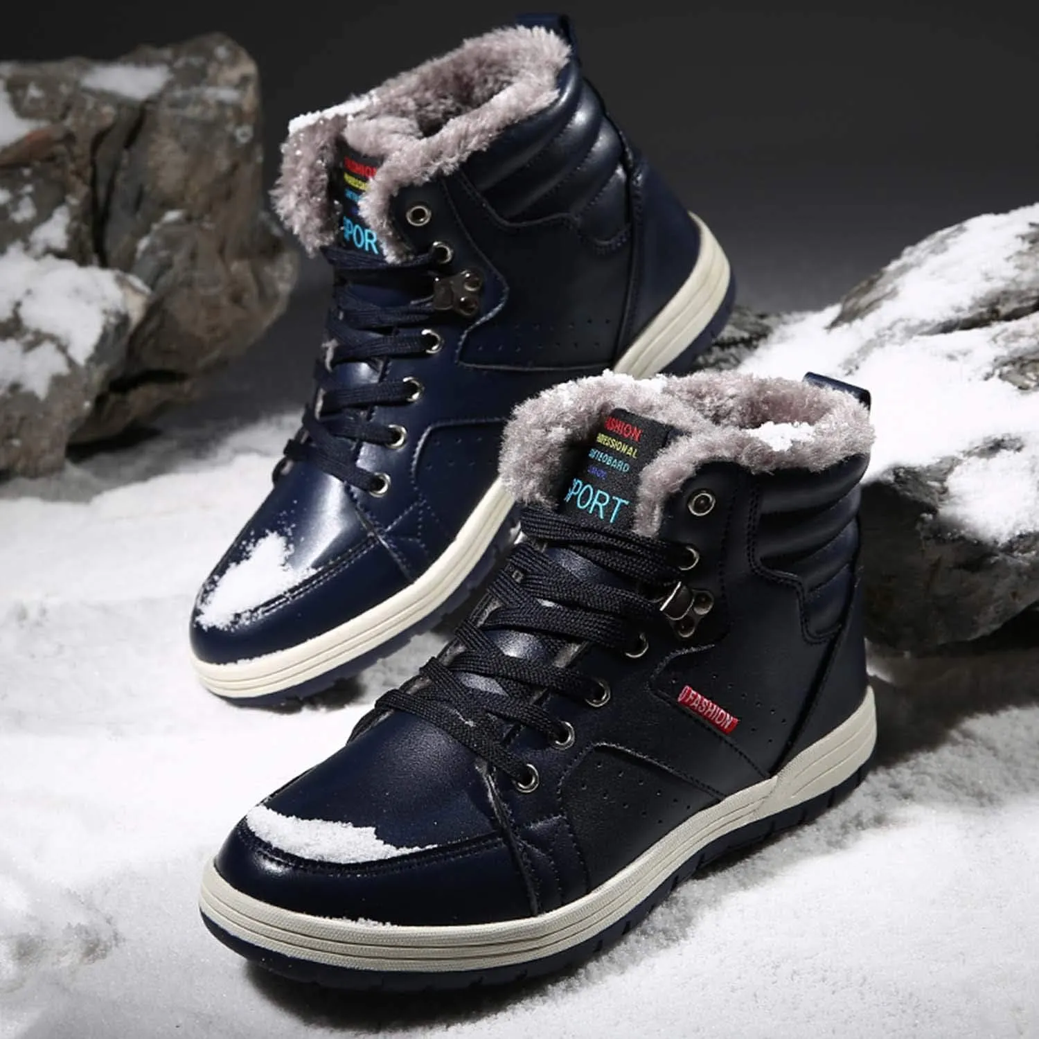 CERYTHRINA Men's Leather Snow Boots Waterproof Fur Lined Lace Up Ankle Sneakers High Top Winter Shoes
