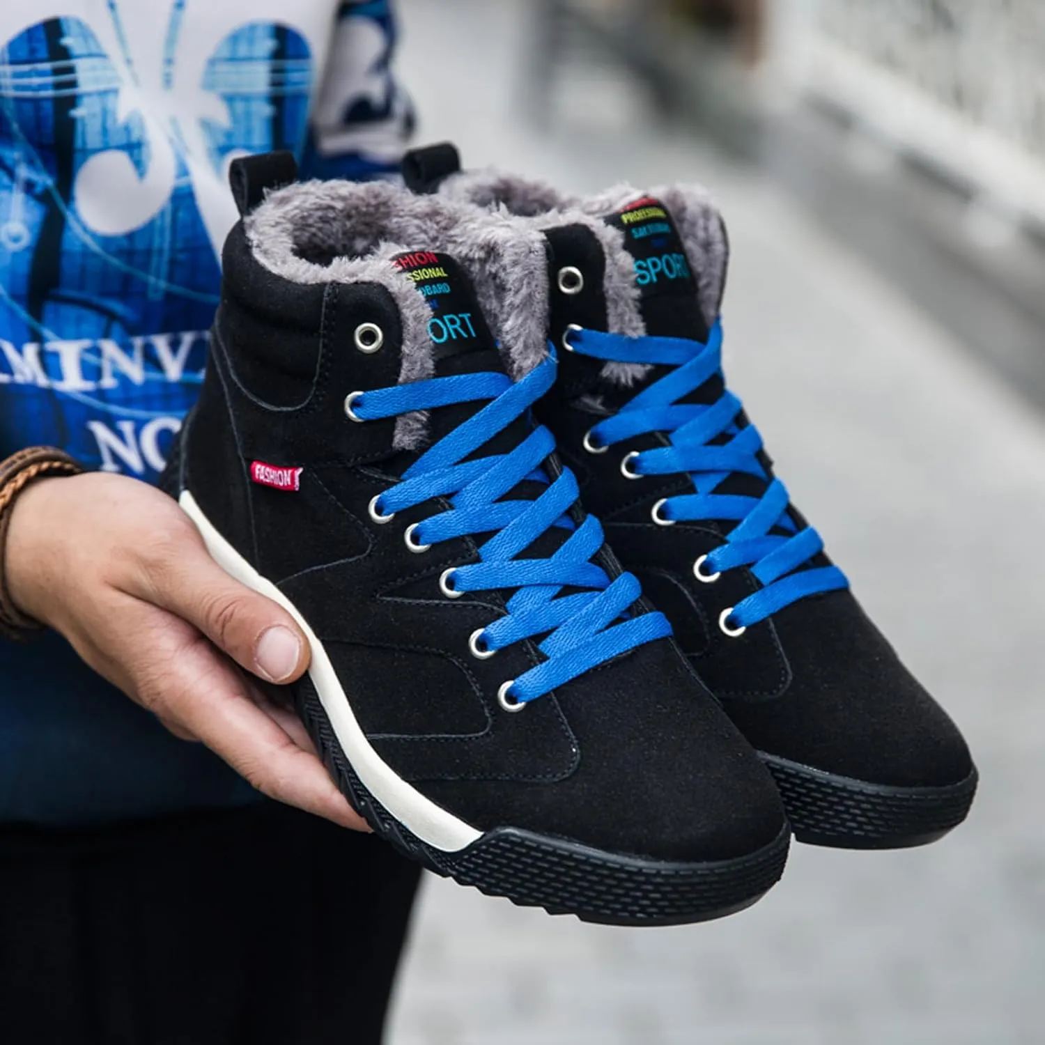CERYTHRINA Men's Leather Snow Boots Waterproof Fur Lined Lace Up Ankle Sneakers High Top Winter Shoes