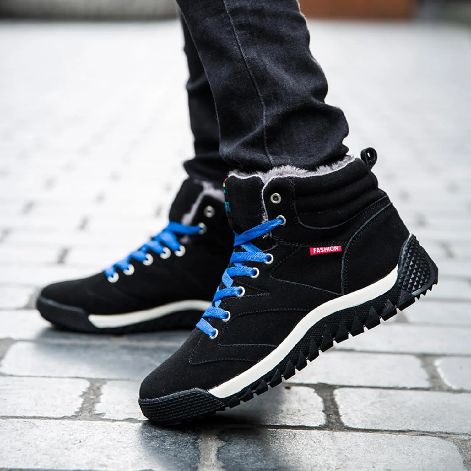CERYTHRINA Men's Leather Snow Boots Waterproof Fur Lined Lace Up Ankle Sneakers High Top Winter Shoes