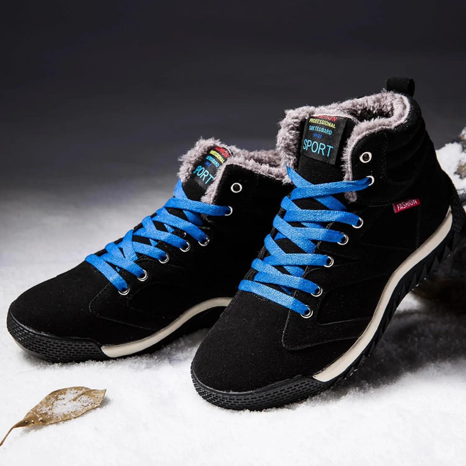 CERYTHRINA Men's Leather Snow Boots Waterproof Fur Lined Lace Up Ankle Sneakers High Top Winter Shoes