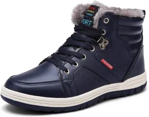 CERYTHRINA Men's Leather Snow Boots Waterproof Fur Lined Lace Up Ankle Sneakers High Top Winter Shoes
