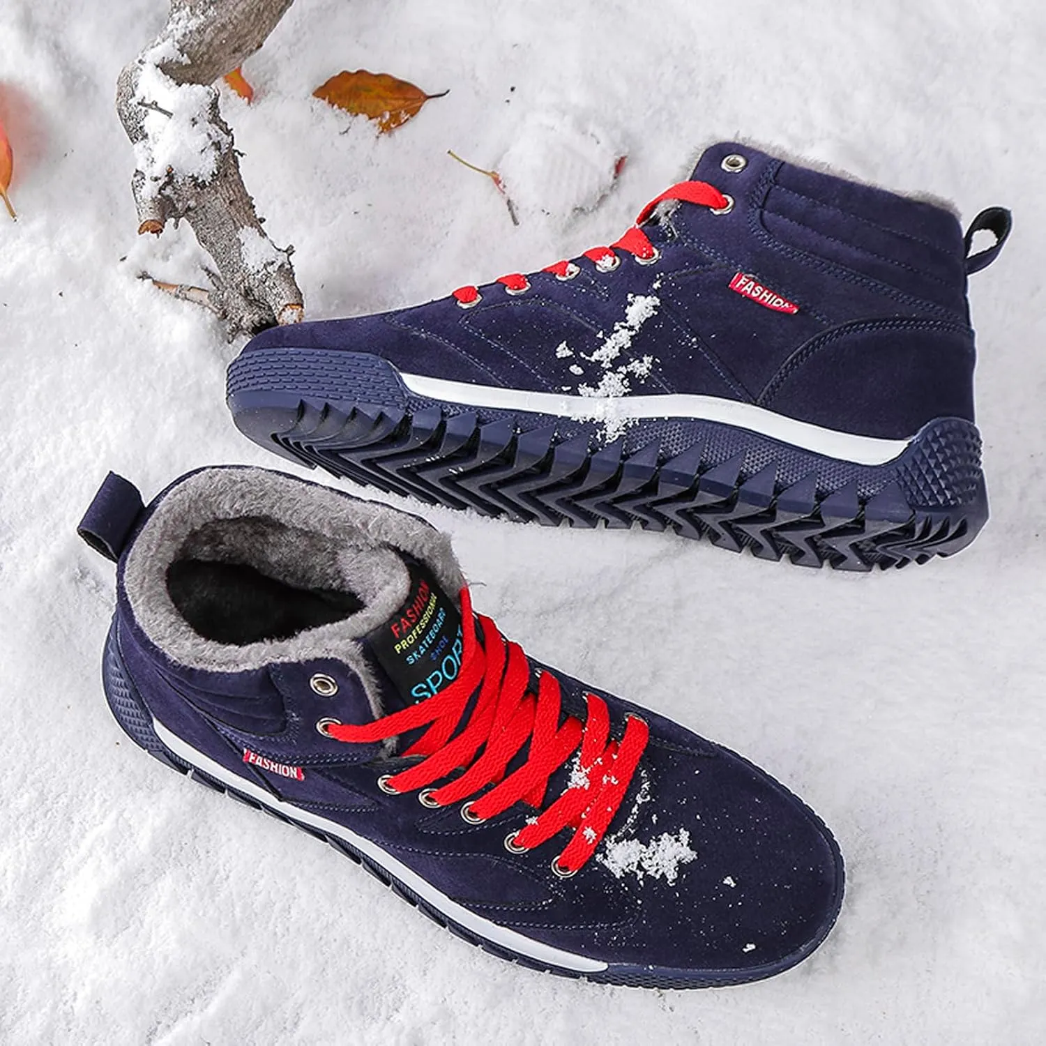 CERYTHRINA Men's Leather Snow Boots Waterproof Fur Lined Lace Up Ankle Sneakers High Top Winter Shoes