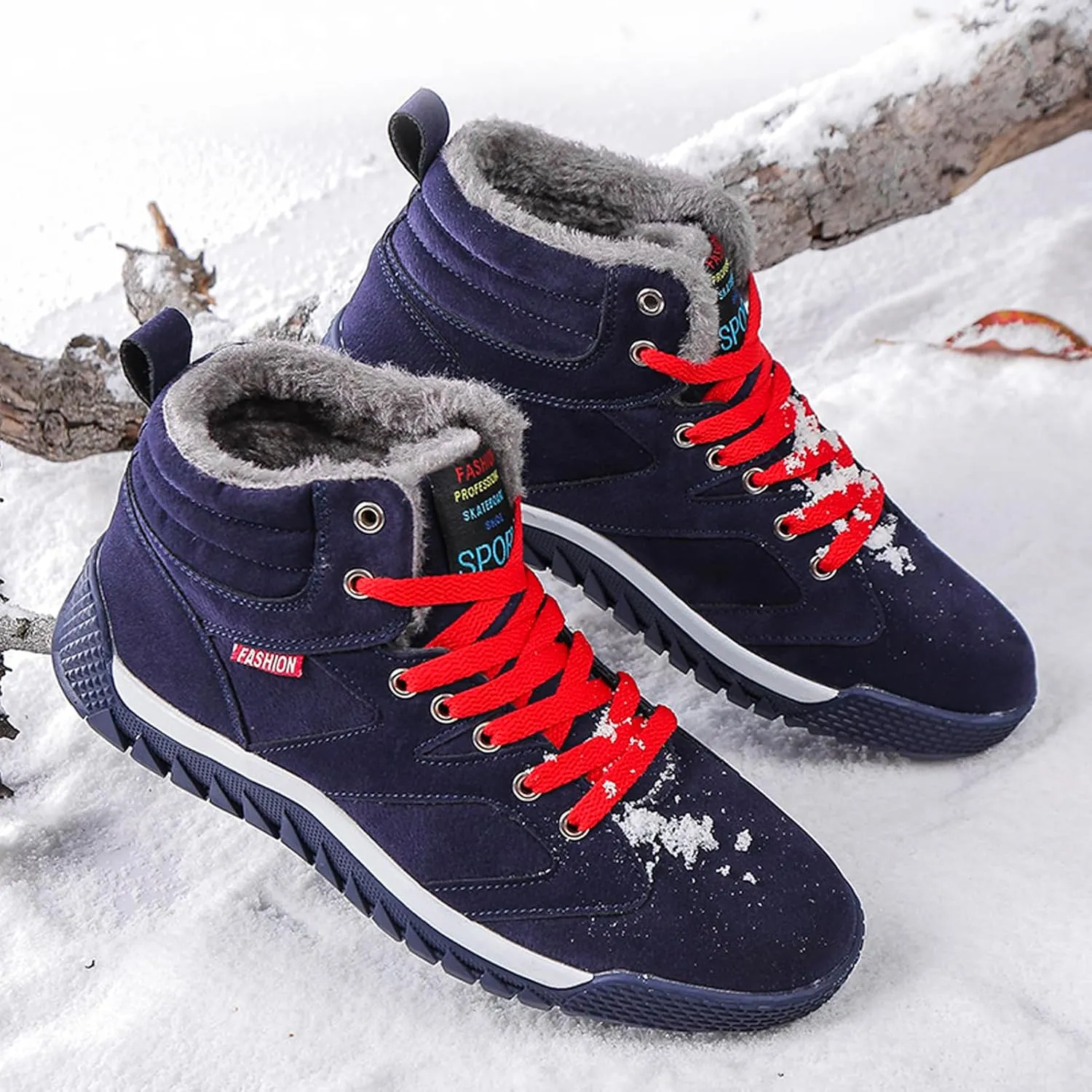 CERYTHRINA Men's Leather Snow Boots Waterproof Fur Lined Lace Up Ankle Sneakers High Top Winter Shoes