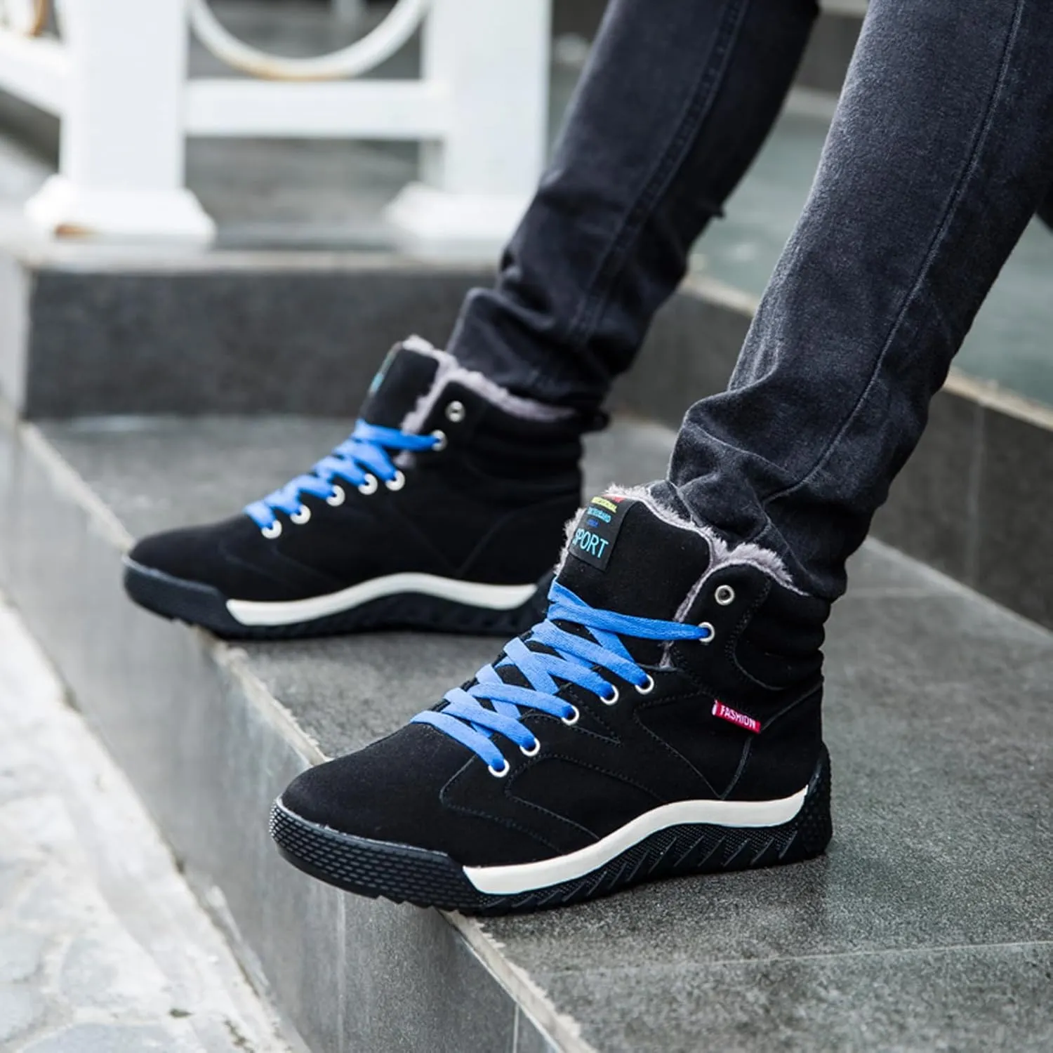 CERYTHRINA Men's Leather Snow Boots Waterproof Fur Lined Lace Up Ankle Sneakers High Top Winter Shoes