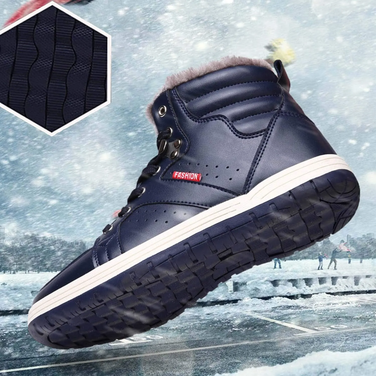 CERYTHRINA Men's Leather Snow Boots Waterproof Fur Lined Lace Up Ankle Sneakers High Top Winter Shoes