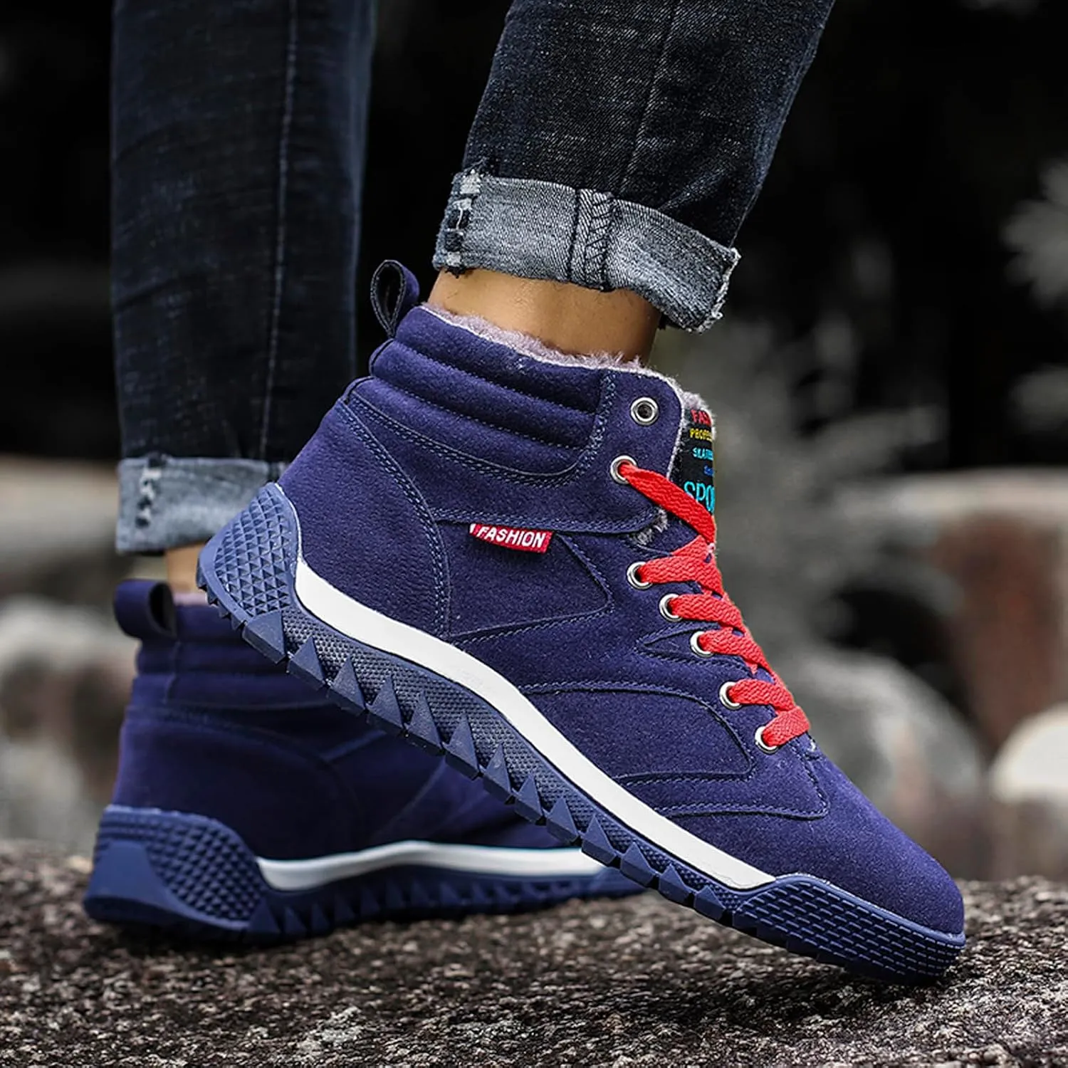 CERYTHRINA Men's Leather Snow Boots Waterproof Fur Lined Lace Up Ankle Sneakers High Top Winter Shoes