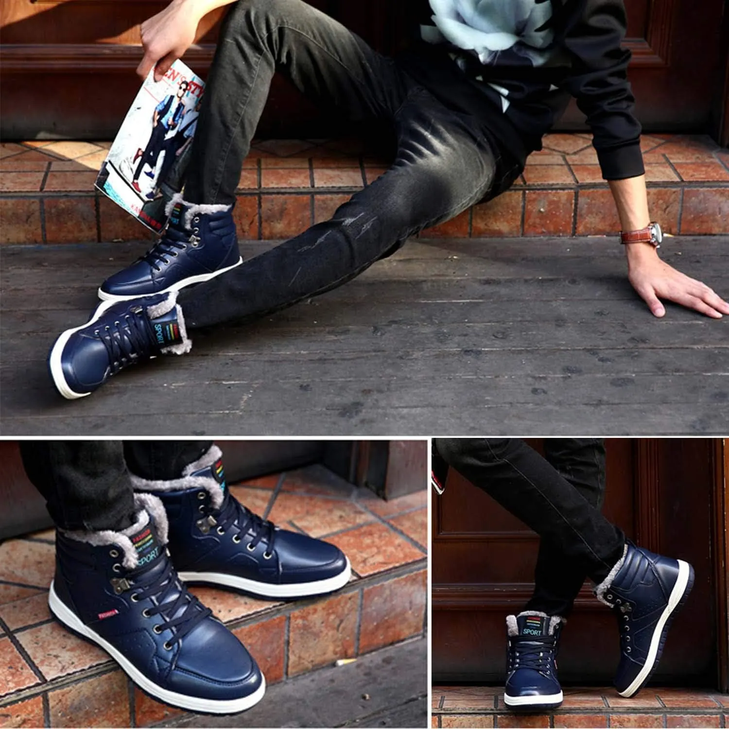 CERYTHRINA Men's Leather Snow Boots Waterproof Fur Lined Lace Up Ankle Sneakers High Top Winter Shoes