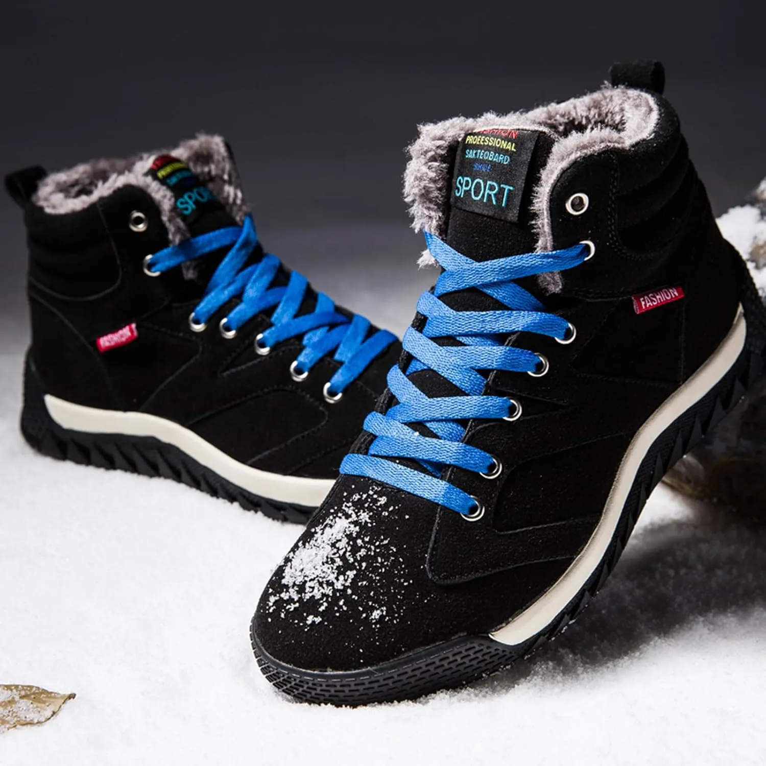 CERYTHRINA Men's Leather Snow Boots Waterproof Fur Lined Lace Up Ankle Sneakers High Top Winter Shoes