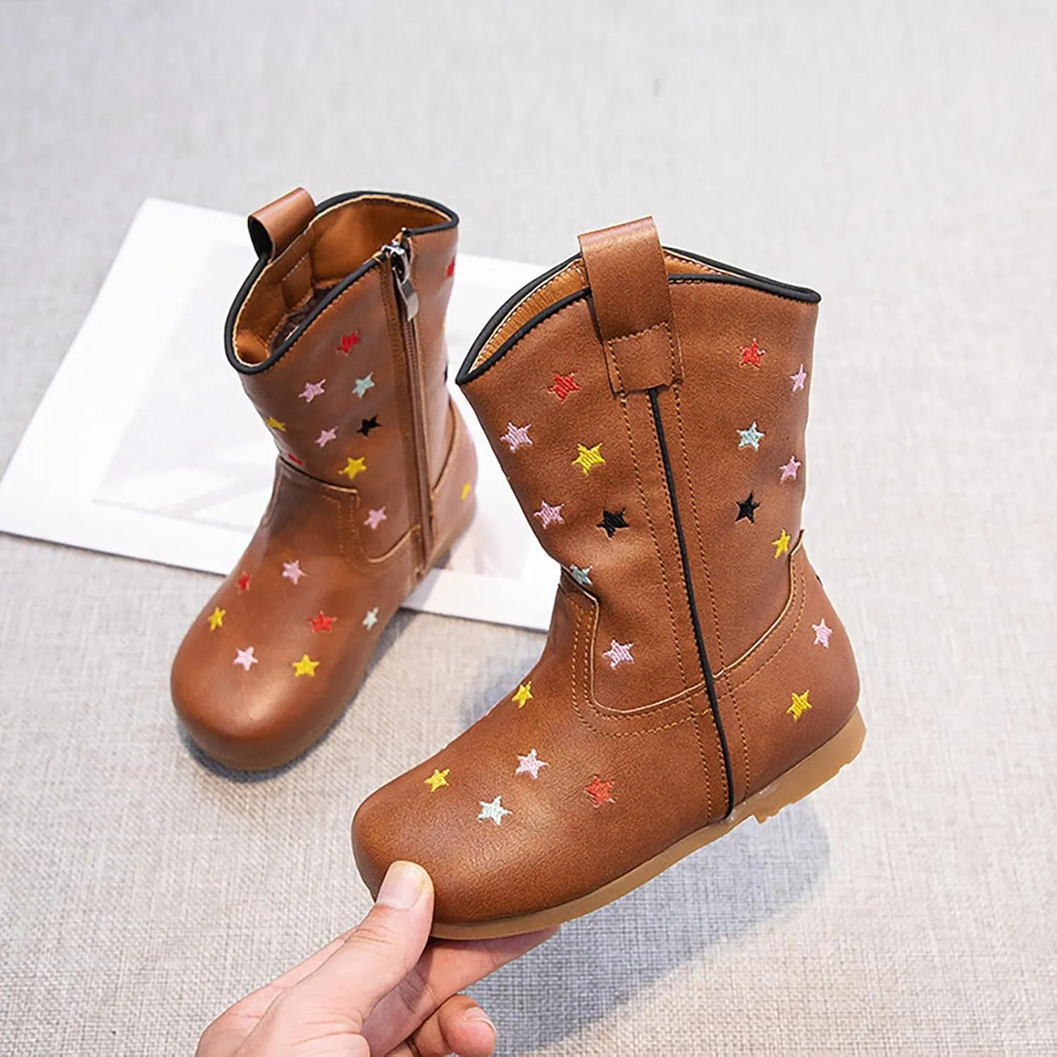 Childrens Western Cowboy Leather Boots Boys Girls Kids Cute Star Side Zipper Shoes Outdoor 𝐖aterproof Non Slip Boots