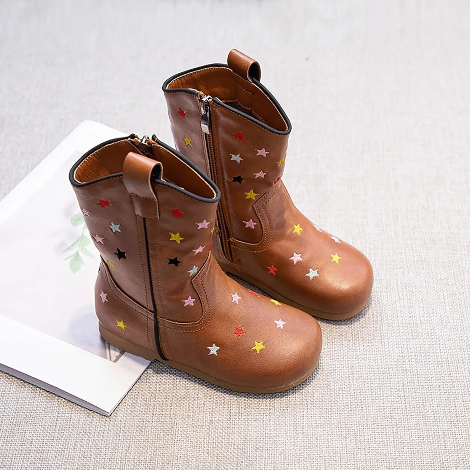 Childrens Western Cowboy Leather Boots Boys Girls Kids Cute Star Side Zipper Shoes Outdoor 𝐖aterproof Non Slip Boots