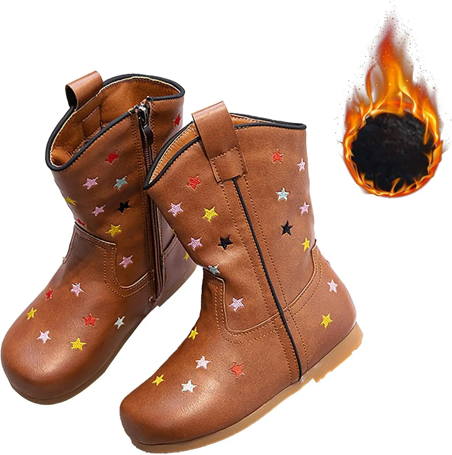 Childrens Western Cowboy Leather Boots Boys Girls Kids Cute Star Side Zipper Shoes Outdoor 𝐖aterproof Non Slip Boots