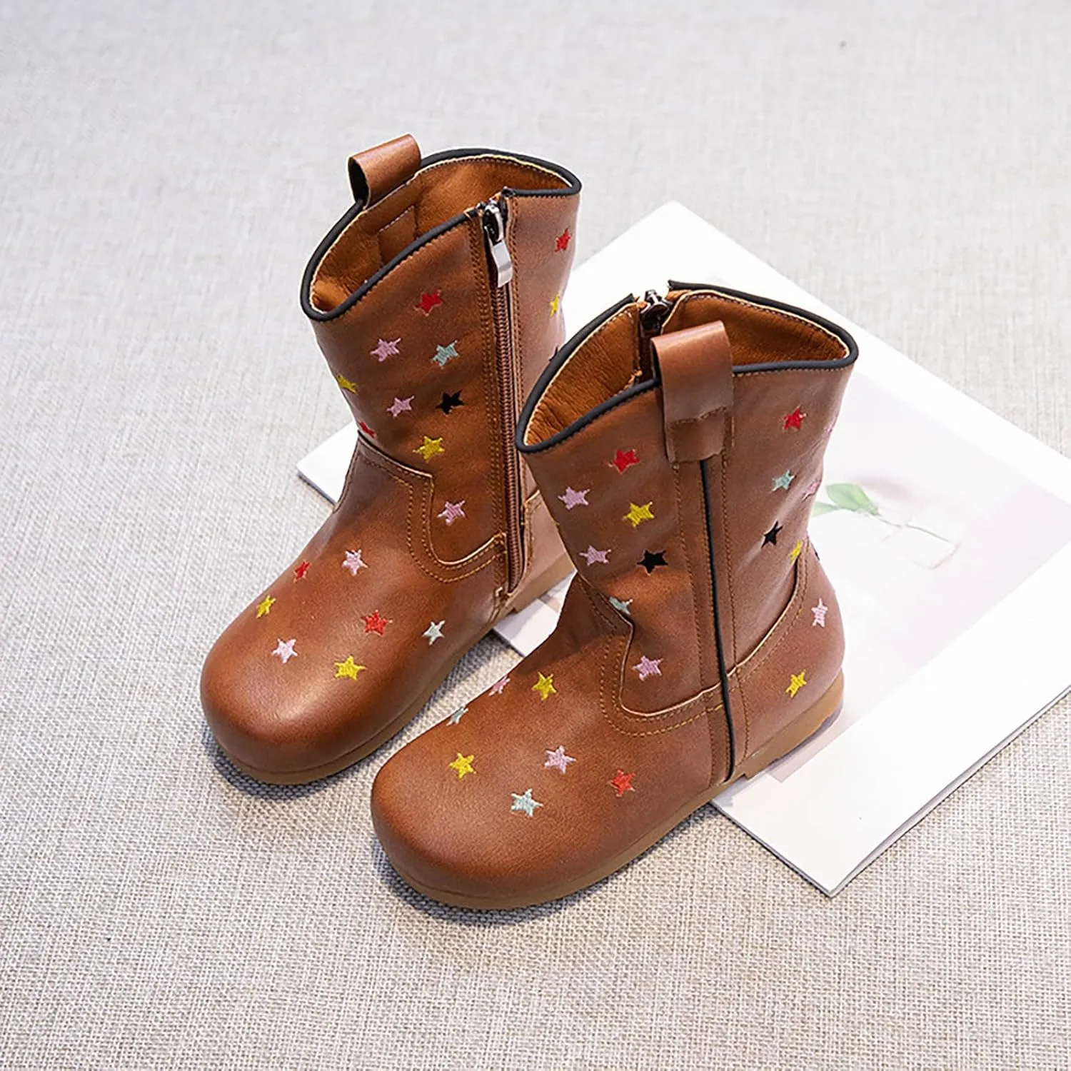 Childrens Western Cowboy Leather Boots Boys Girls Kids Cute Star Side Zipper Shoes Outdoor 𝐖aterproof Non Slip Boots