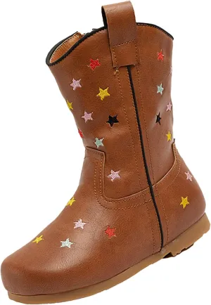 Childrens Western Cowboy Leather Boots Boys Girls Kids Cute Star Side Zipper Shoes Outdoor 𝐖aterproof Non Slip Boots