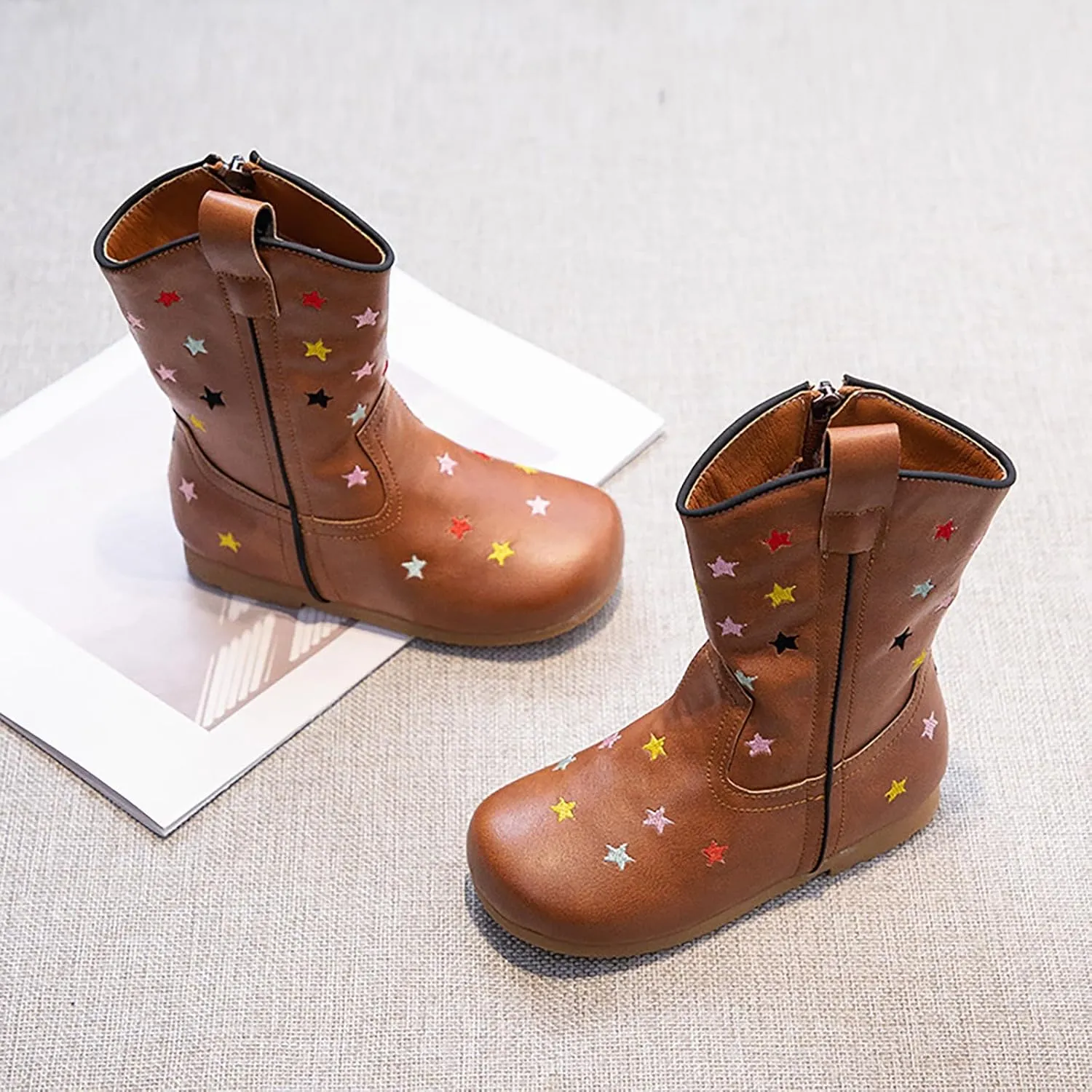 Childrens Western Cowboy Leather Boots Boys Girls Kids Cute Star Side Zipper Shoes Outdoor 𝐖aterproof Non Slip Boots