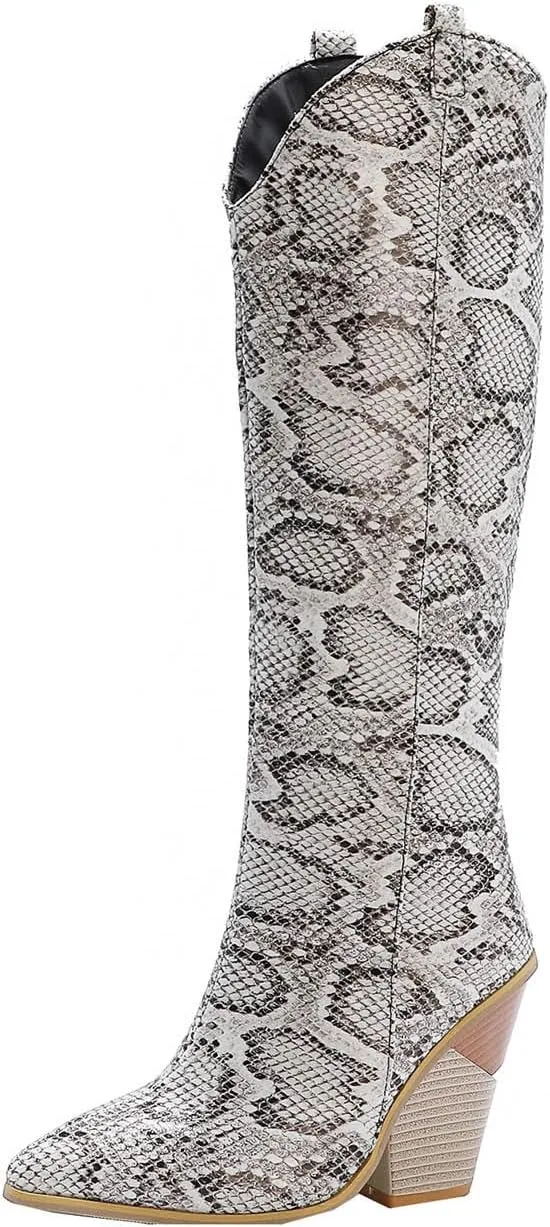 Chunky Heel Boots for Women - Fashion Snake Print Pointed Toe Back Zipper Thick High Heel Knee High Boots Comfortable Casual High Top shoes
