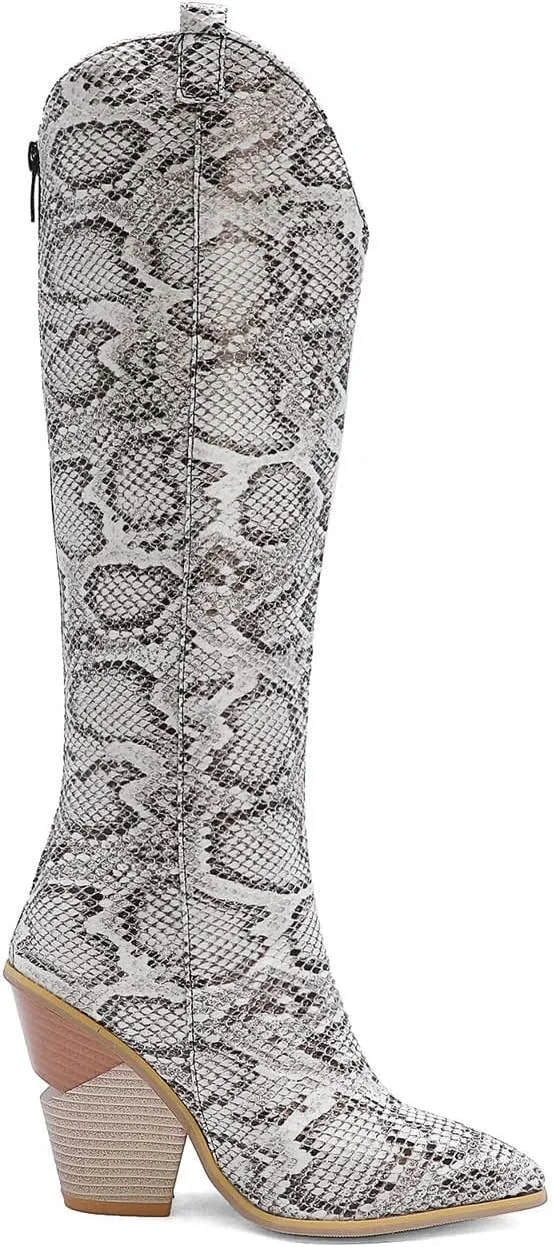 Chunky Heel Boots for Women - Fashion Snake Print Pointed Toe Back Zipper Thick High Heel Knee High Boots Comfortable Casual High Top shoes