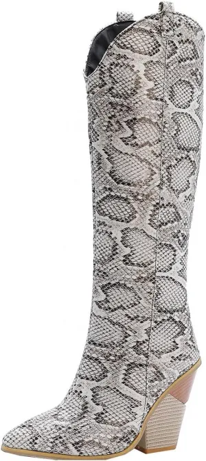 Chunky Heel Boots for Women - Fashion Snake Print Pointed Toe Back Zipper Thick High Heel Knee High Boots Comfortable Casual High Top shoes