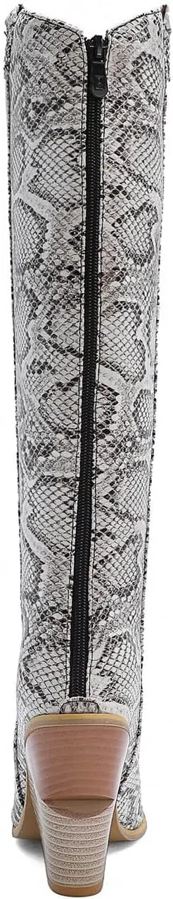 Chunky Heel Boots for Women - Fashion Snake Print Pointed Toe Back Zipper Thick High Heel Knee High Boots Comfortable Casual High Top shoes