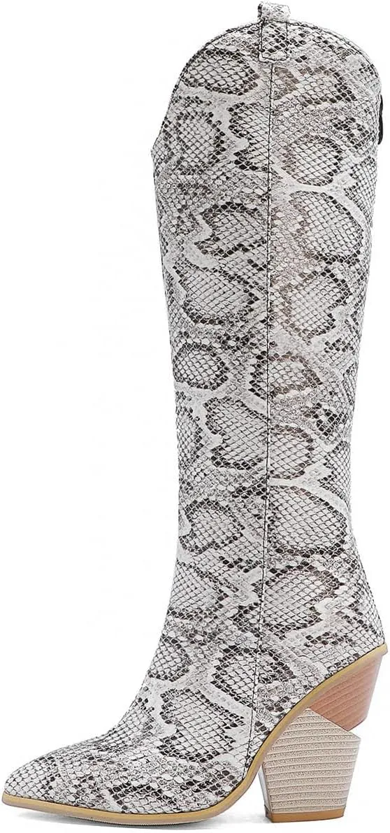 Chunky Heel Boots for Women - Fashion Snake Print Pointed Toe Back Zipper Thick High Heel Knee High Boots Comfortable Casual High Top shoes