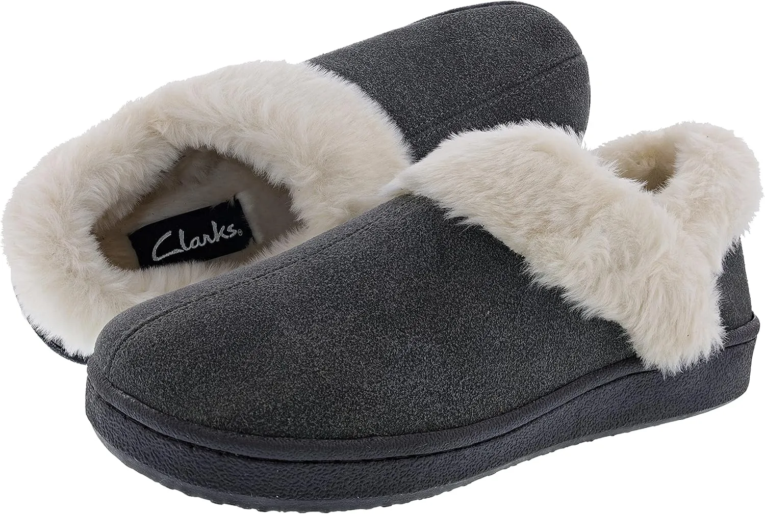 Clarks Indoor and Outdoor Black Slipper Cozy Wool Mule Slip-On Fur Lined Clogs